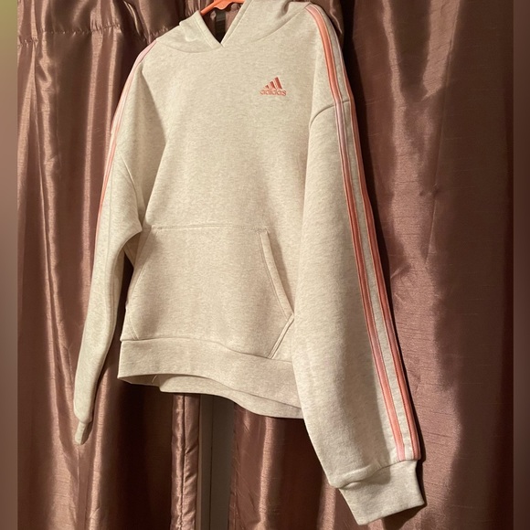 NWT adidas 3-Stripe Girls Fleece Hoodie. “Tan Heather”/Pink. Size: Small(7/8) - Picture 6 of 16